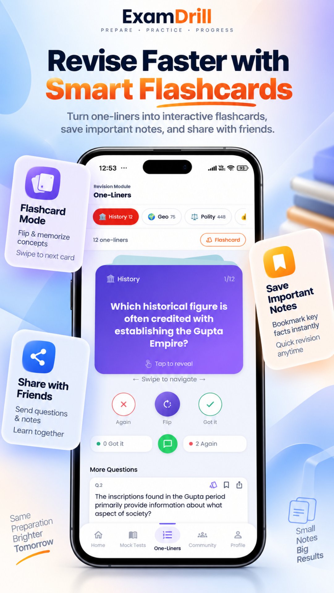 ExamDrill GK & Current Affairs — Smart Flashcards